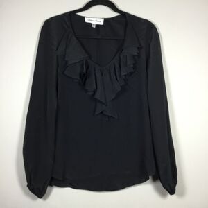 100% silk black blouse ruffle collar elastic cuffs fifteen twenty tag size XS